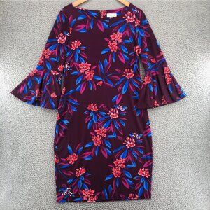 Calvin Klein Dress Womens 10 Purple Floral Shift Bell Sleeve 3/4 Sleeves Knee